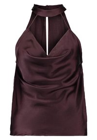 Burgundowa satynowa bluzka na halter z głębokim dekoltem w kształcie V, wycięciem w kształcie klucza i luźnym, opadającym krojem. Posiada usztywniony kołnierz i odkryte plecy.