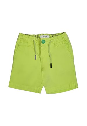 Pantaloncini per bambini piccoli di colore giallo-verde brillante con vita elastica, bottone frontale, coulisse e tasche laterali, stesi su uno sfondo bianco.