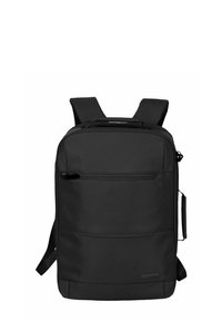 Schwarzer Rucksack mit elegantem Design, strapazierfähigem Stoff, verstellbaren Trägern, einer vorderen Reißverschlusstasche und einem Tragegriff oben für zusätzliche Bequemlichkeit.
