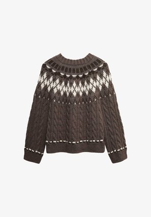 Bruine gebreide trui met een kabelpatroon, ronde halslijn en een schouderontwerp met witte diamanten motieven. Accentuering met een witte streep onderaan.