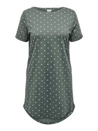 Grön bomulls t-shirtklänning med korta ärmar, rund halsringning, vita prickar, rundad nederkant och mjuk, slät textur.