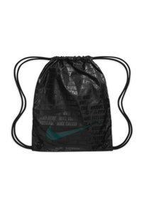 Zaino con cordoncino realizzato in nylon nero, con loghi e pattern testuali in rilievo, caratterizzato da uno swoosh Nike teal sul davanti.