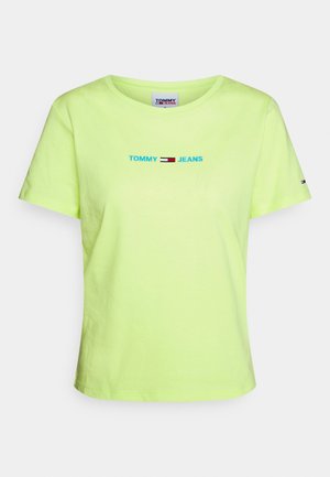 Neon groene katoenen t-shirt met een ronde halslijn, korte mouwen en een "TOMMY JEANS" logo in het blauw met rode en witte accentstrepen.