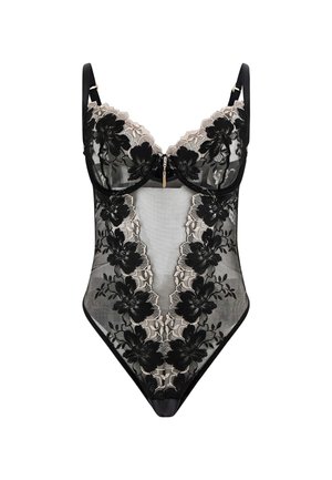 Black sheer bodysuit with floral lace detailing, scalloped neckline, underwire support, and a front zip closure.