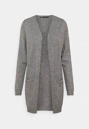 Grijze cardigan van zacht breimateriaal, met een ontspannen pasvorm, open voorkant en twee voorzakken. Lange mouwen met geribbelde manchetten.