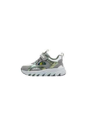 Scarpa sportiva bianca e grigia per bambini con pannelli laterali metallici verdi a forma di squalo con occhio e denti, chiusura con velcro.