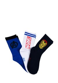 Three Marvel-themed crew socks in blue with Avengers logo, white with red Marvel text, and black with Iron Man face.
