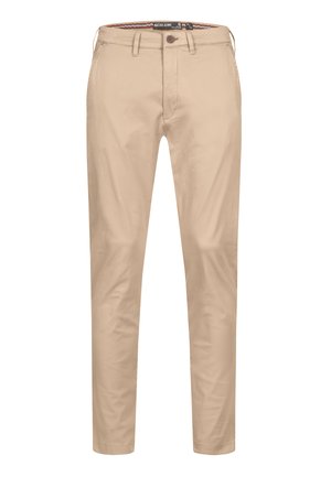 Chinos beige con una suave tela de algodón, ajuste slim, cierre de botón y cuatro bolsillos. Diseño de pierna recta con sutiles detalles de costura.