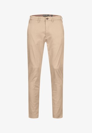 Beige chinos laget av et glattt bomullsstoff, slim fit, med knappelukking og fire lommer. Rette ben med subtile søm detaljer.