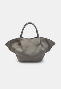 Borsa a tracolla grigia in pelle con una texture morbida, forma arrotondata e manici strutturati. Presenta bordi a pattina distintivi e dettagli con bottoni a pressione.