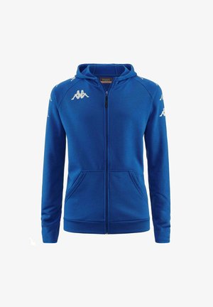 Felpa con zip blu realizzata in un tessuto morbido e testurizzato. Presenta due tasche anteriori, dettagli del logo bianco sulle spalle e un cappuccio.