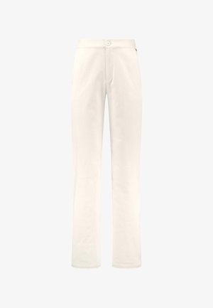 Balti kelnės tiesių kojų dizainu, su mygtuko užsegimu, priekiniais užtrauktukais ir subtiliu tekstūruotu audiniu. Nėra matomų kišenių.