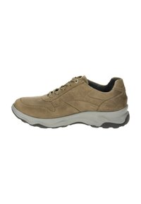 Beige suede sneaker with a gray sole, featuring lace-up closure, padded collar, and subtle stitching details along the sides.