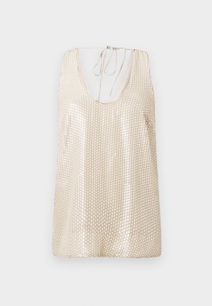 Bež ilma varrukatega topp, millel on sügav dekoltee, kaunistatud reflekteerivate sequins-mustriga tekstuuri ja visuaalse huvi loomiseks ning nööri tagasidemega.