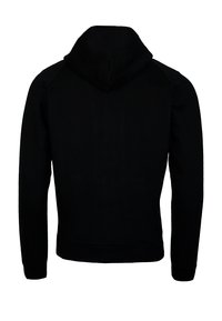 Plain black hoodie shown from the back with long sleeves and a hood, set against a white background.
