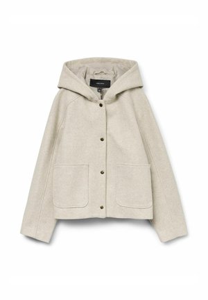 Veste à capuche en mélange de laine beige clair avec poches avant et fermeture à bouton-pression, offrant une coupe décontractée et des manches longues.