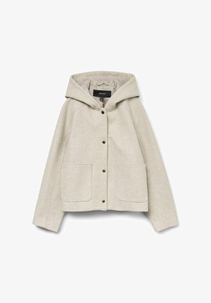 Helebeežist villaseguse kapuutsiga jakk, millel on ees taskud ja nööbiga sulgemine. Jakk on lõdva istuvusega ja pikkade varrukatega.