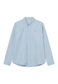 Light blue button-up shirt with long sleeves, made of cotton. Features a small orange embroidered "II" detail on the chest.