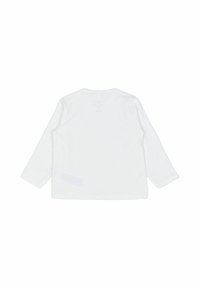 Långärmad t-shirt med rundad halsringning i vit bomull. Slät textur med en enkel baksidestill design, som har minimalistisk märkning nära kragen.