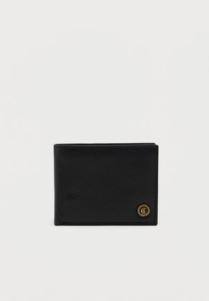 Black leather wallet with a textured surface, featuring a gold circular logo accent on the front and a bi-fold design.