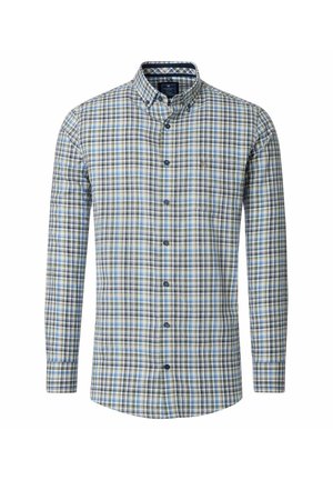 Langærmet skjorte med knapper i blå, grøn og hvid tern, med knaplukning ved kraven og en lille brystlomme med logo.