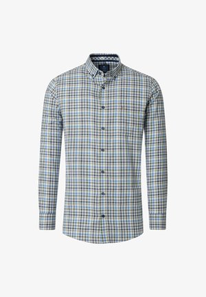 Koszula na długi rękaw zapinana na guziki z niebiesko-zielono-białym wzorem w kratę, posiadająca kołnierzyk zapinany na guziki oraz małe logo na kieszeni na piersi.