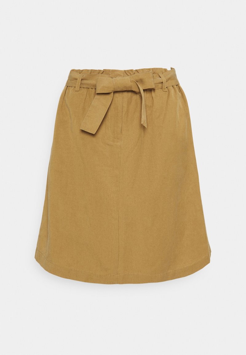 Jupe en coton marron avec une taille ceinturée, présentant une coupe droite et un ourlet légèrement évasé. Pas de motifs visibles ni de détails métalliques.