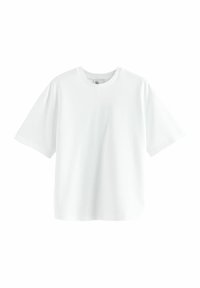Weißes T-Shirt mit kurzen Ärmeln aus Baumwolle. Es hat einen Rundhalsausschnitt, eine lockere Passform und eine glatte Textur ohne sichtbare Muster oder Akzente.