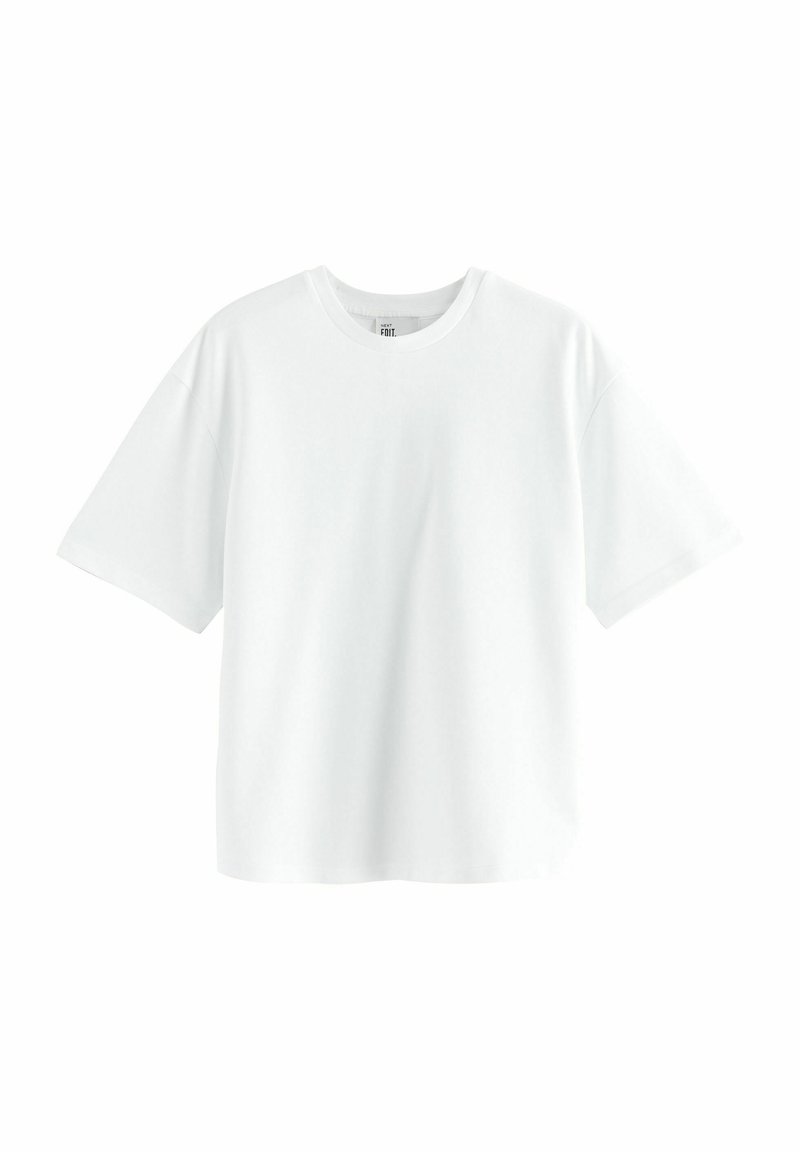 Weißes T-Shirt mit kurzen Ärmeln aus Baumwolle. Es hat einen Rundhalsausschnitt, eine lockere Passform und eine glatte Textur ohne sichtbare Muster oder Akzente.