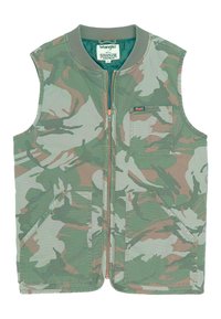 Roheline ja beež camo-mustriga ilma varrukateta vest, millel on eesnepa ja kaks külgtaskut ning rinna pealt tasku.