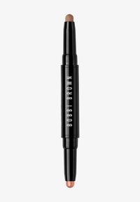 Stick per trucco a doppia estremità in un elegante case nero; un'estremità presenta una punta marrone liscia, l'altra una punta in morbido rosa metallico.