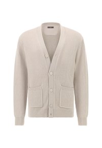 Beżowy sweter z dzianiny o prążkowanej fakturze, z dekoltem w serek, długimi rękawami, pięcioma guzikami i dwiema przednimi kieszeniami.