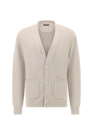 Beige neulejakku, jossa on ribattu pinta, V-kaula-aukko, pitkät hihat, viisi nappia ja kaksi etutaskua.