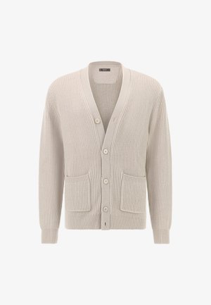 Beżowy sweter z dzianiny o prążkowanej fakturze, z dekoltem w serek, długimi rękawami, pięcioma guzikami i dwiema przednimi kieszeniami.