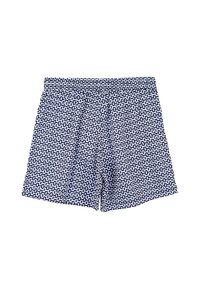 Costumi da bagno blu navy con un motivo geometrico bianco, cinturino elasticizzato e vestibilità ampia, realizzati in tessuto leggero.