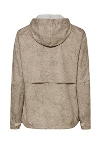 Giacca beige con cappuccio e motivo a linee astratte sottili, maniche lunghe e patta sulla parte superiore della schiena, vista posteriore.