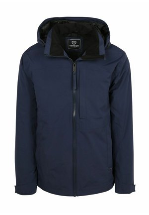 Marineblauwe jas met capuchon, rits aan de voorkant, borstzak en verstelbare manchetten, met Tenson-label aan de binnenkant van de kraag.