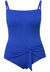 Bañador de una pieza azul con un acabado texturizado, tirantes delgados y un detalle anudado en la cintura, que presenta un sutil efecto de brillo.