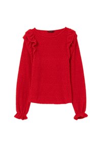 Maglione rosso a maniche lunghe realizzato in tessuto testurizzato, con dettagli arricciati sulle spalle e polsi elasticizzati. Collo tondo semplice.
