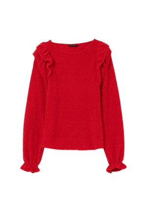 Maglione rosso a maniche lunghe realizzato in tessuto testurizzato, con dettagli arricciati sulle spalle e polsi elasticizzati. Collo tondo semplice.