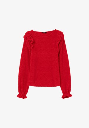 Maglione rosso a maniche lunghe realizzato in tessuto testurizzato, con dettagli arricciati sulle spalle e polsi elasticizzati. Collo tondo semplice.