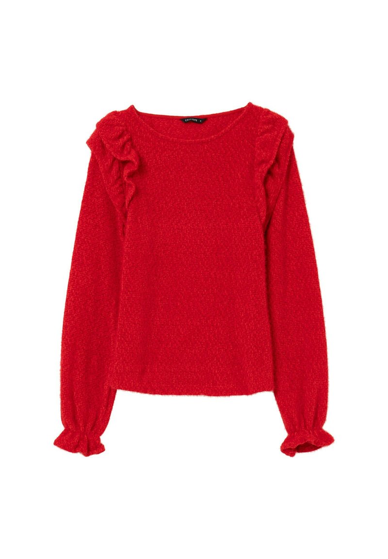 Maglione rosso a maniche lunghe realizzato in tessuto testurizzato, con dettagli arricciati sulle spalle e polsi elasticizzati. Collo tondo semplice.