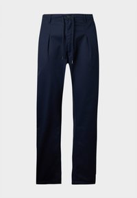 Pantaloni bleu marin cu șnur și închidere cu buton, prezentând pliuri frontale și un material fin din bumbac. Design cu picior drept.