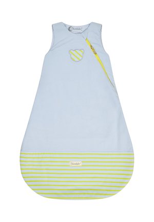 Light blue baby sleeping bag with yellow striped bear patch, yellow-striped bottom, and diagonal yellow zipper on the front right side.