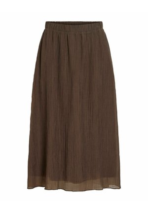 Bruine, midilengte geplooide rok met elastische tailleband en licht doorschijnende stof aan de onderzoom.