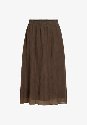 Jupe plissée marron mi-longue avec taille élastique et tissu légèrement transparent en bas de l'ourlet.