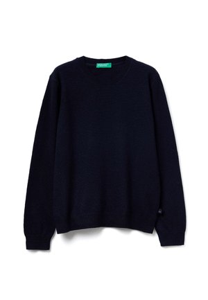 Maglione lavorato a maglia blu navy con collo rotondo e maniche lunghe. Presenta polsini e orlo a coste. Etichetta del logo in basso a sinistra.