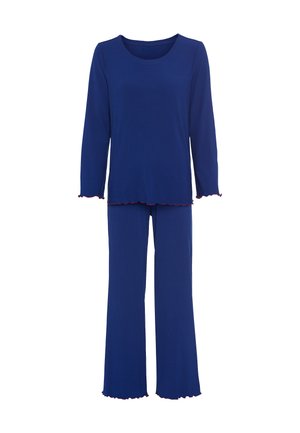 Blau gestreifter Langarmoberteil mit rundem Ausschnitt und ausgestellt Ärmeln. Passende weite Hose mit einem Rüschensaum aus demselben Stoff.