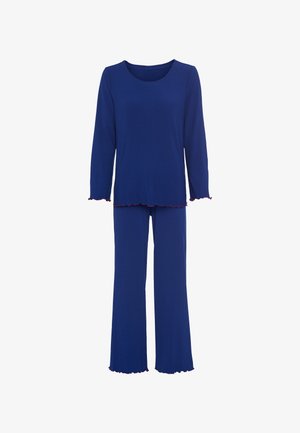 Blau gestreifter Langarmoberteil mit rundem Ausschnitt und ausgestellt Ärmeln. Passende weite Hose mit einem Rüschensaum aus demselben Stoff.