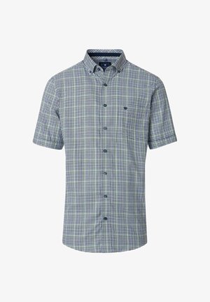 Kurzarmhemd im blau-grünen Karomuster. Hergestellt aus einem glatten Stoff, mit einem Button-down-Kragen und Knöpfen auf der Vorderseite.